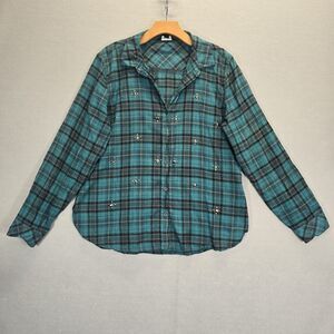 Rock & Republic Button Down Shirt Green Black Plaid Casual Top Women's Size M